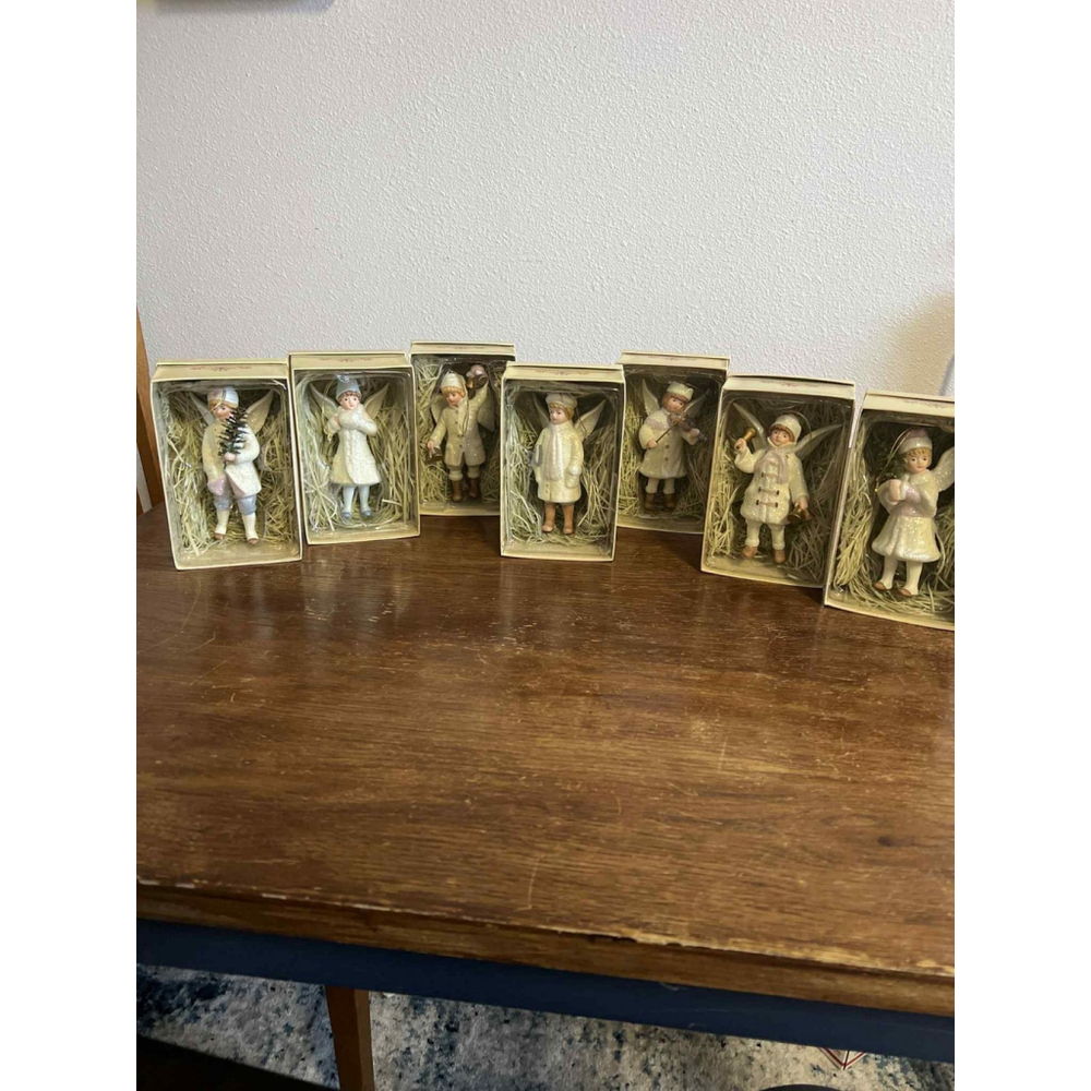 Vintage-Style Porcelain Angel Ornaments SET OF 7 W/ Boxes Costco Import Glitter